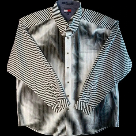 Tommy Hilfiger Vintage Green/White Striped Button Down Shirt Mens XL - Picture 3 of 9